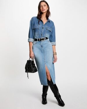 Roma Saia Midi em Denim